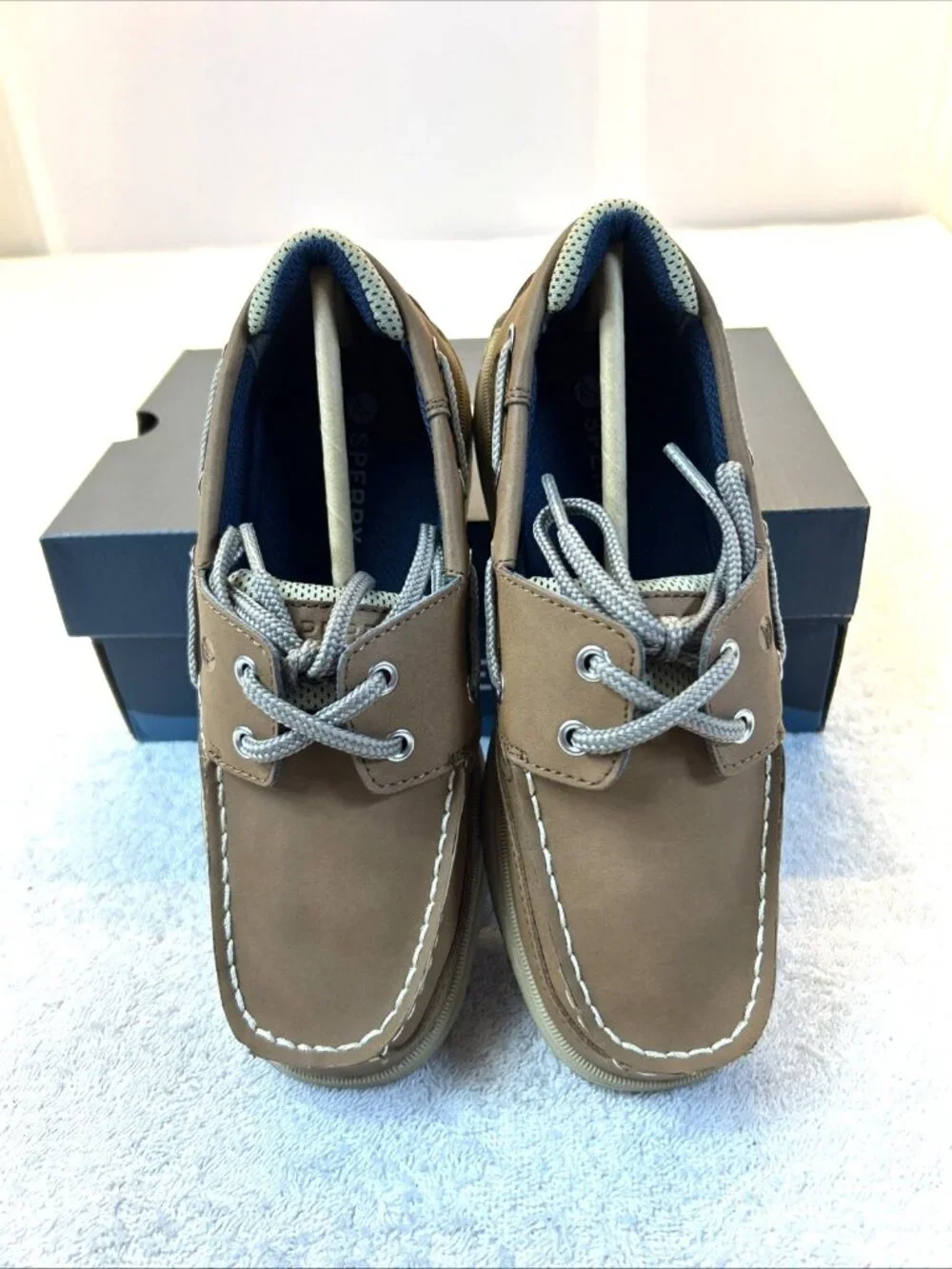 Sperry Top-Sider Boat Shoes Youth Kids 3M Tan Leather Rubber Sole Tie New in Box